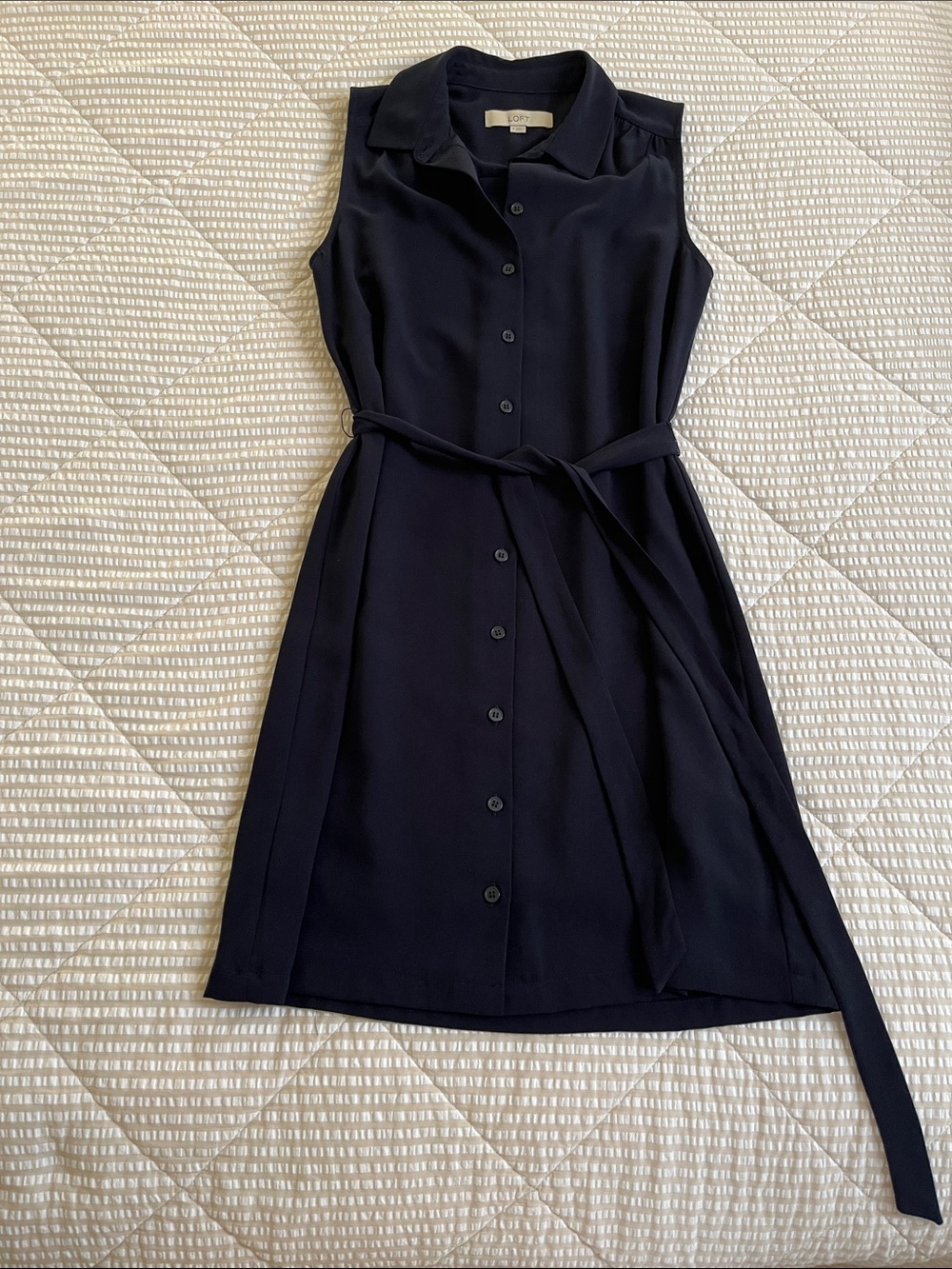 LOFT Navy Sleeveless Shirt Dress with Tie Waist Size 2